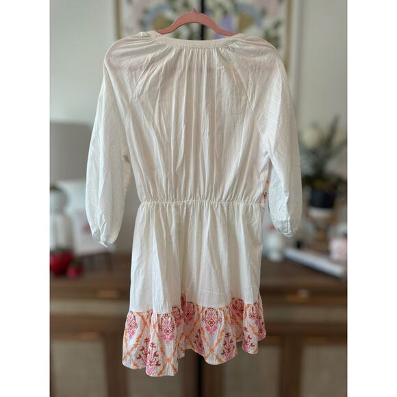 NWOT Fanco Embroidered Geometric Diamond Lattice Peasant Mini Dress White Large - Picture 2 of 11